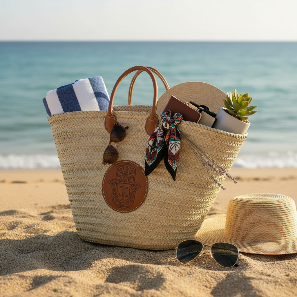 Tunisian Handwoven Straw Bag with Tunisia Motif