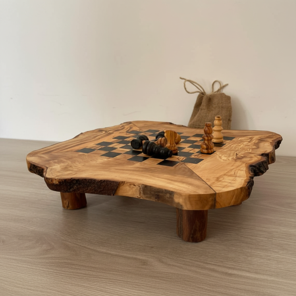 Handcrafted olive wood chess board with natural grain and chess pieces