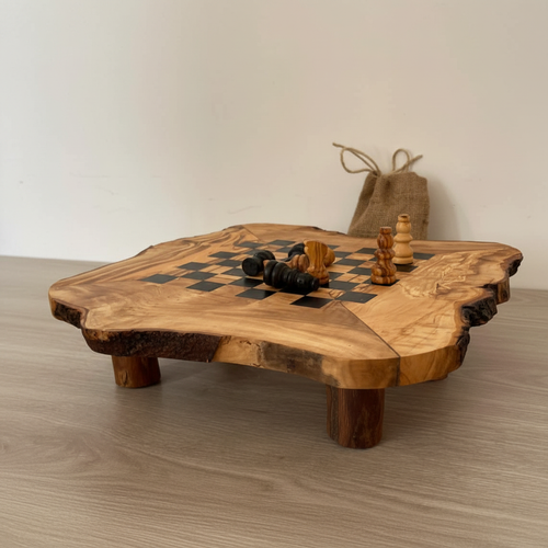 Handcrafted olive wood chess board with natural grain and chess pieces