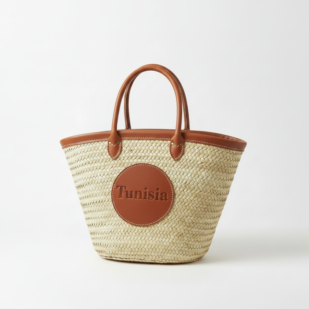 Tunisian Handwoven Straw Bag with Tunisia Motif