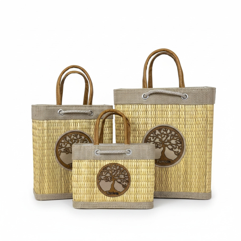 Tunisian Handwoven Straw Bag with Tunisia Motif
